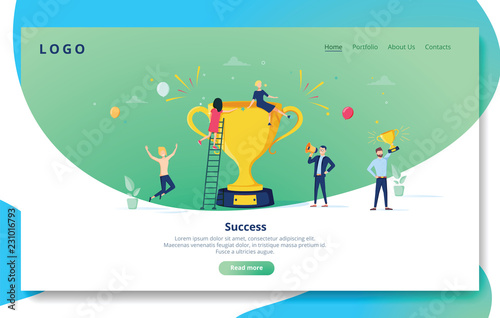 Website Development Landing Page Template. Mobile Application Layout with Flat People with Golden Prize. Business