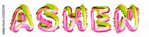 Ashen - pink and green text written on white background