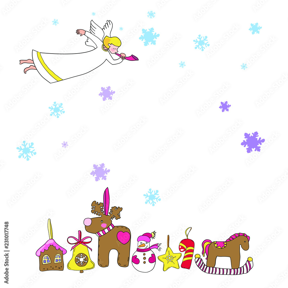 Fototapeta premium Set of New Year and Christmas drawings in vector, decoration, Christmas decorations, angels, sweets