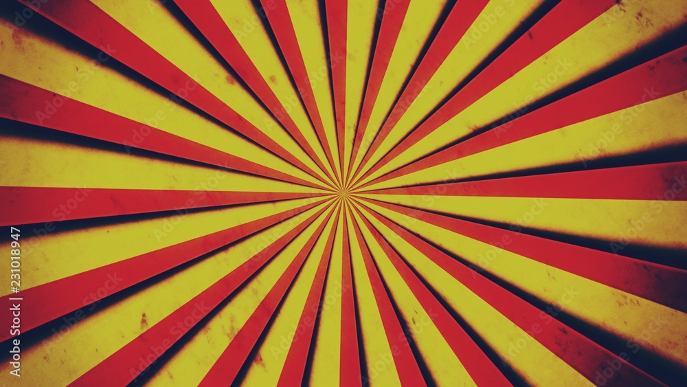 Obraz premium Red and yellow stripes (fat color saturation), with shadows, converging and forming a circle. Aged expired film texture. 