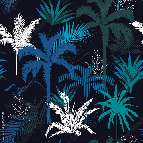 Dark tropical forest night  leaves and tress  hand drawn style seamless pattern vector for fashion fabric , wallpaper, and all prints