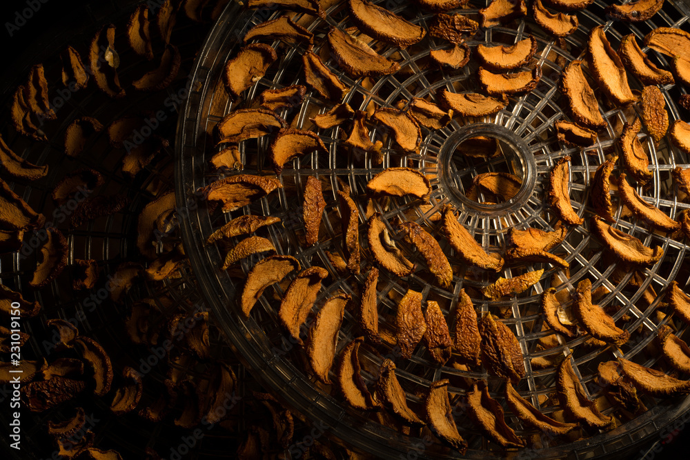 Dried apples on a tray for drying