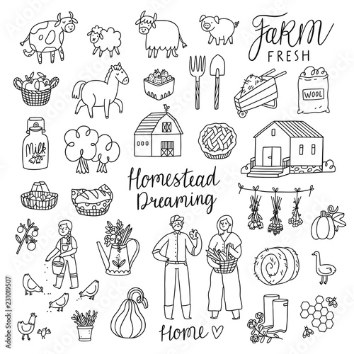 Homestead dreaming outline illustrations set