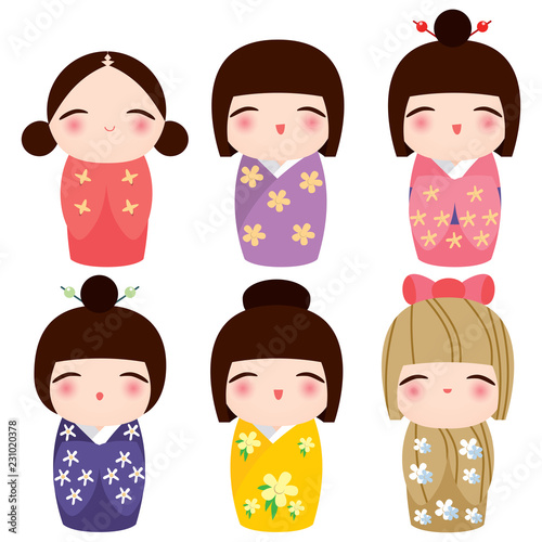 Colorful collection of different kimono kokeshi doll set