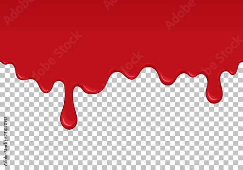Red dripping slime seamless pattern. Bloody background with copy space. Kid sensory toy vector illustration. Realistic oozing slime isolated element. Flowing red sticky liquid. Paint drops and blots