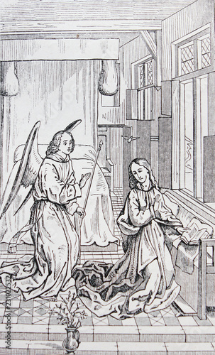 Mary angel Annunciation by Roger van der Weyden engraved in a vintage book History of Painters, author Jules Benouard, 1864, Paris
