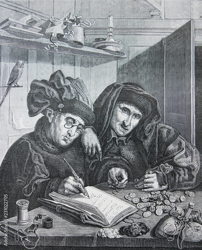 The Misers by Quentin Matsys engraved in a vintage book History of Painters, author Jules Benouard, 1864, Paris