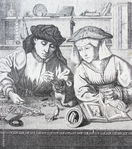 The Banker and his wife by Quentin Matsys engraved in a vintage book History of Painters, author Jules Benouard, 1864, Paris photo