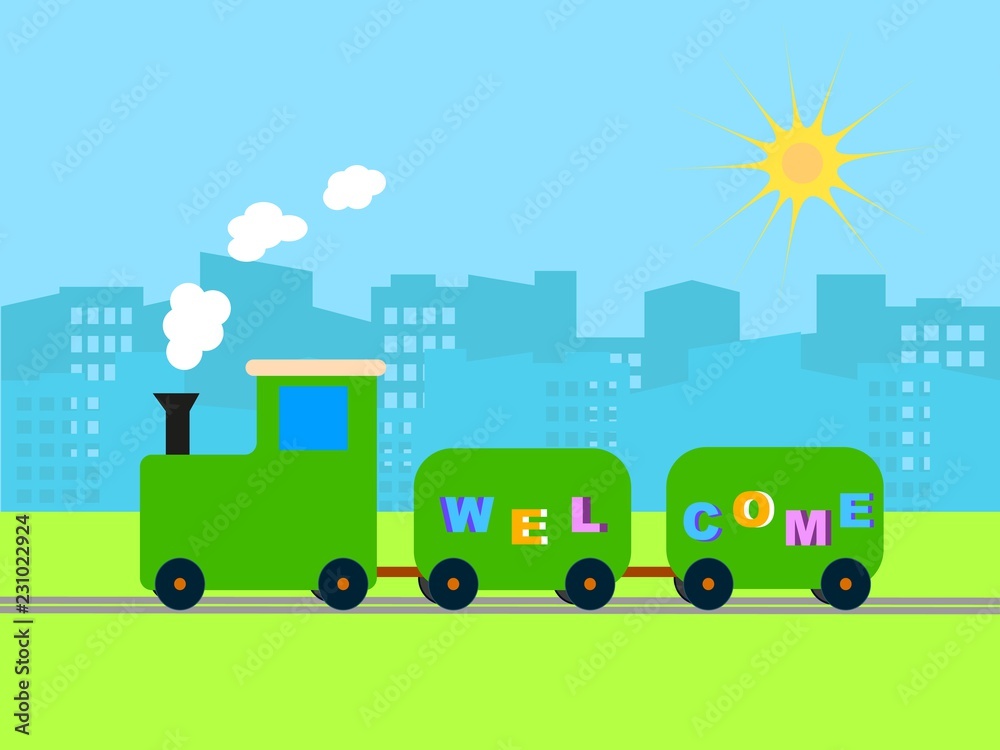 Multicolored locomotive with children's carriages in cartoon style. Steam locomotive for decoration of postcards, flyers, holidays