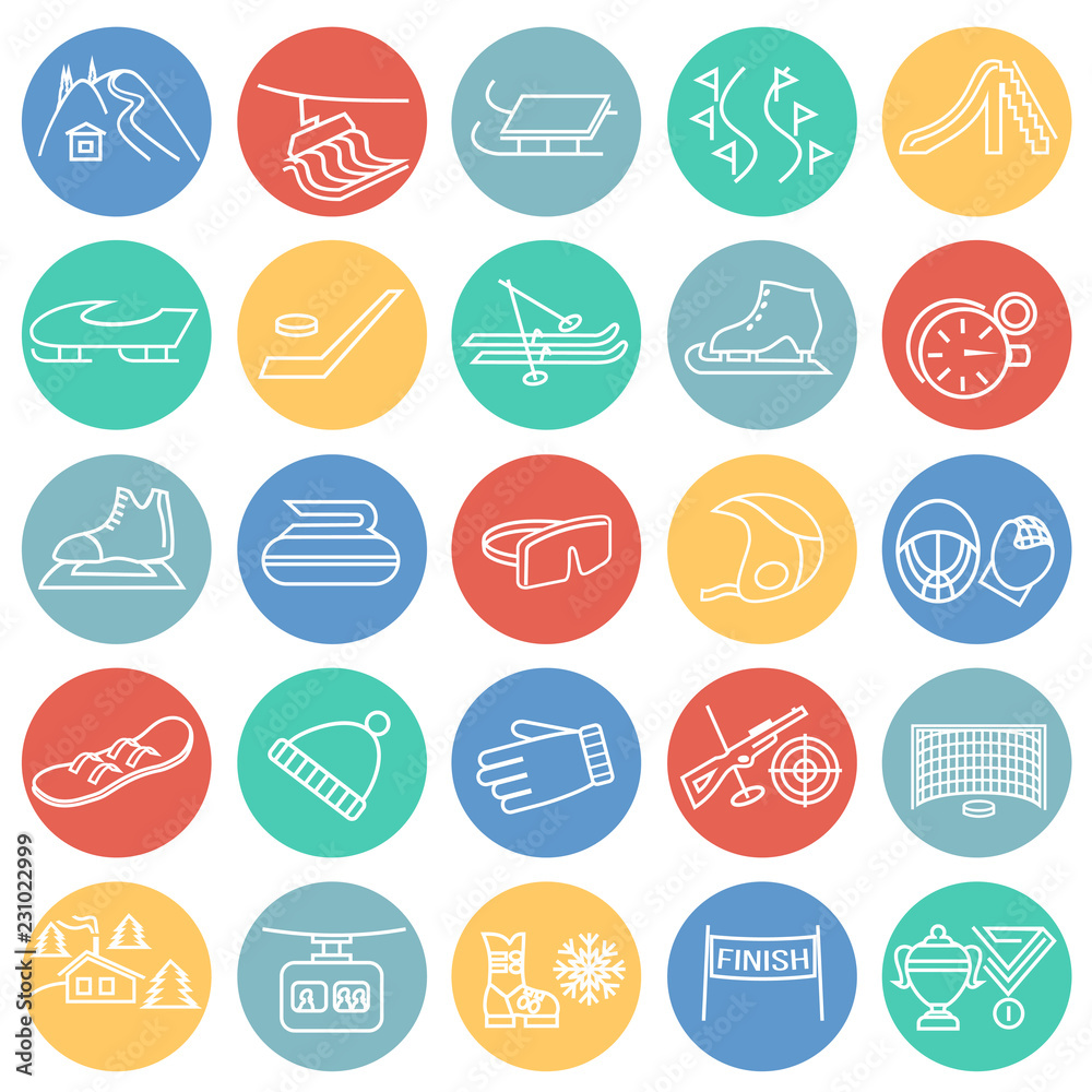 Φωτογραφία Winter sport and entertainment thin line set on color circles background icons