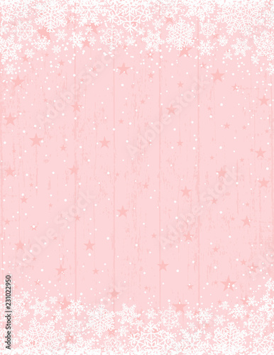 Wooden pink christmas background with frame of white snowflakes, vector illustration