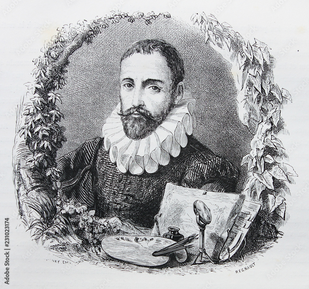 Φωτογραφία The portrait of Paul Brill engraved in a vintage book History of Painters, autho