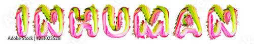 Photos Inhuman - pink and green text written on white background