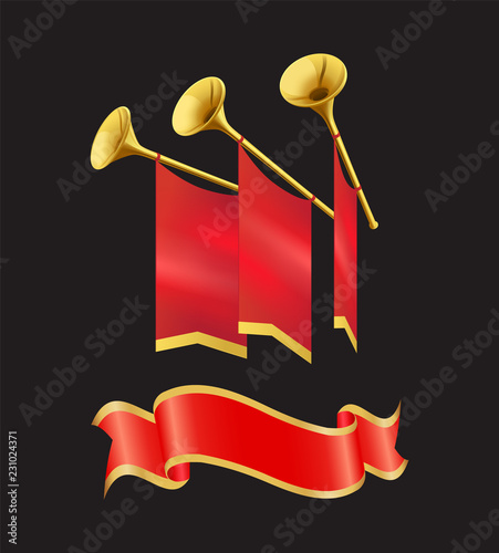 Ribbon and Flag with Trumpet Vector Illustration