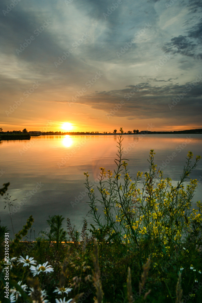 Colorful sunset over a lake near Utrecht, The Netherlands