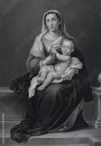 Madonna and child by Bartolomé Esteban Murillo engraved in a vintage book Picture Galleries of Europe, edition of M.S. Wolf, vol. 1, 1862, St. Petersburg photo