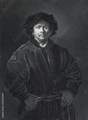 Protrait of Rembrandt by Rembrandt engraved in a vintage book Picture Galleries of Europe, edition of M.S. Wolf, vol. 1, 1862, St. Petersburg