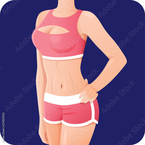 Slender sporty woman, fitness girl in pink sportswear, shorts icon for mobile apps, slim body, vector illustration
