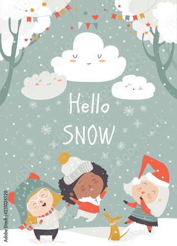 Cartoon happy children enjoying the snow. Hello snow