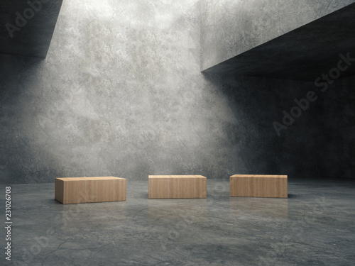 Wooden pedestal for display,Platform for design,Blank product stand with cement room.3D rendering.