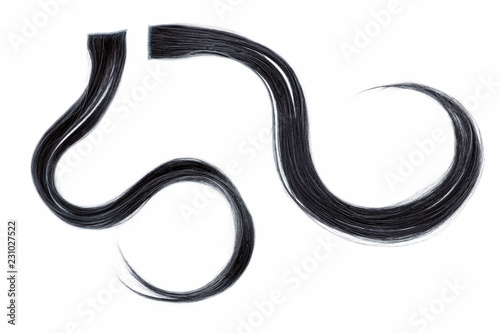 a strand of black hair on a white background, isolated