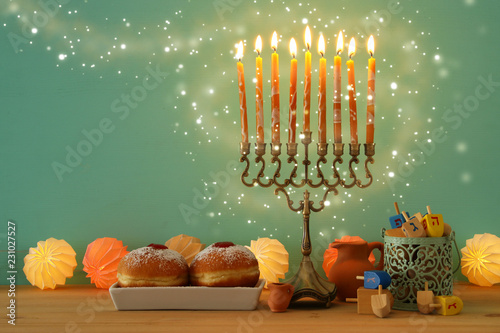image of jewish holiday Hanukkah background with menorah (traditional candelabra).