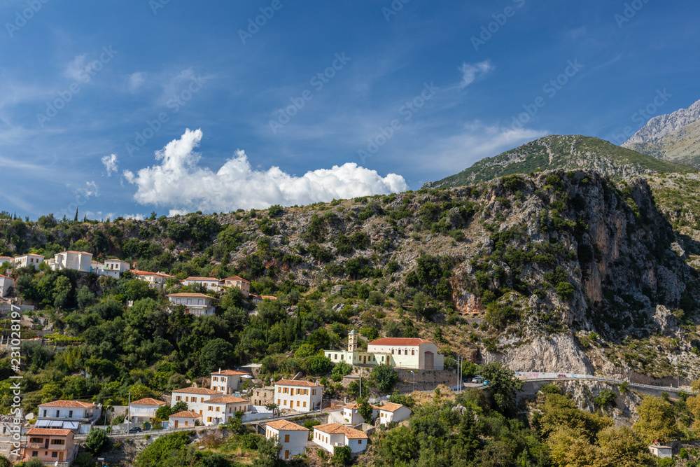 An old city in the mountains of Albania. Top view