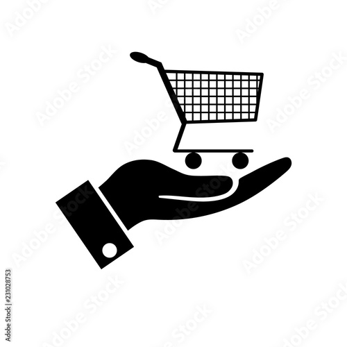 Hand holding shopping cart icon, logo on a white background
