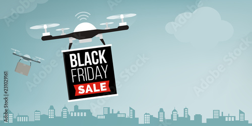 Drone carrying a black friday sale advertisement banner
