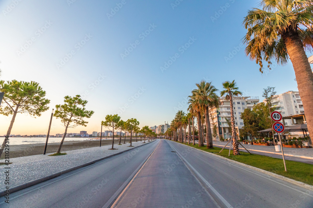 Fototapeta premium Road and street with palm trees.