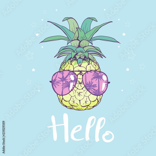 pineapple with glasses design, exotic, background, food, fruit, illustration nature pineapple summer tropical vector drawing fresh