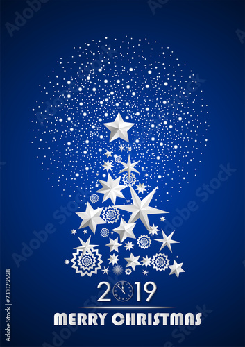 Christmas and New Year 2019 abstract with Christmas Tree made of stars and snowflakes with firework on dark blue ambient background. Vector illustration