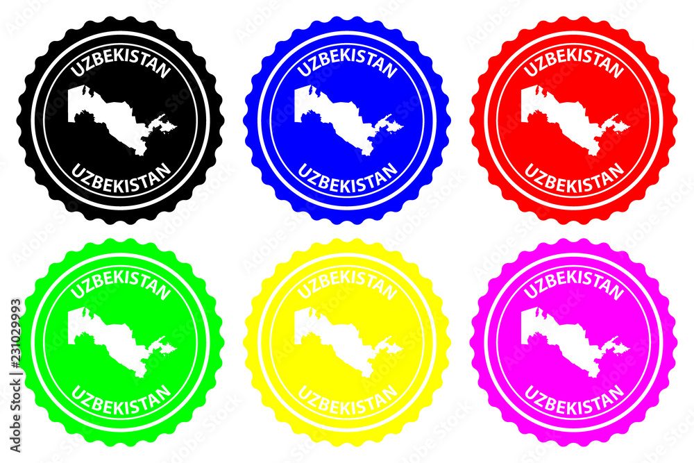 Uzbekistan - rubber stamp - vector, Republic of Uzbekistan map pattern - sticker - black, blue, green, yellow, purple and red