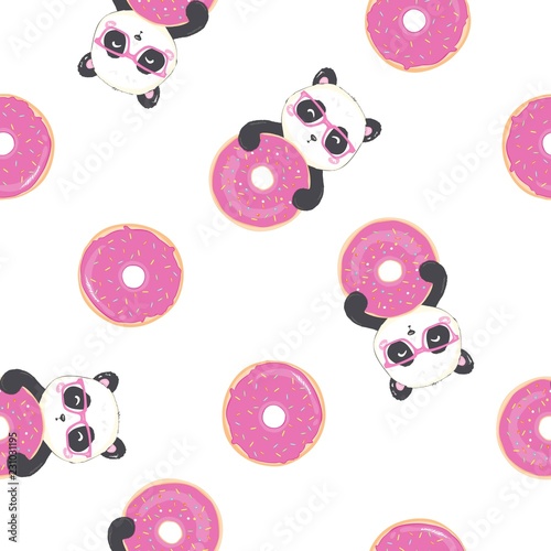 Seamless Vector Pattern: panda bear pattern on light blue background. Small pandas with different gestures.