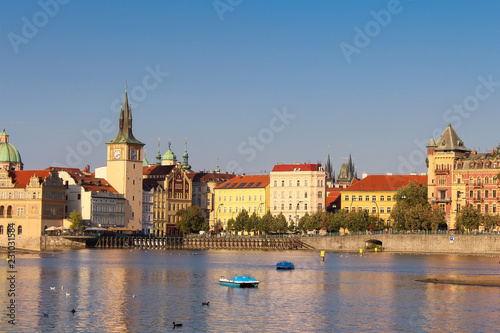 Prague. Old town and Charles bridge at sunset, Czech Republic.