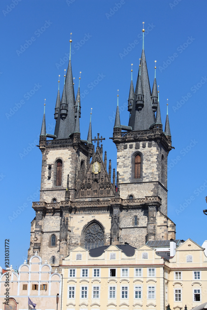 Towers of Church of Our Lady in Old city of Prague