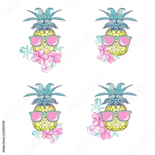 pineapple with glasses design, exotic, background, food, fruit, illustration nature pineapple summer tropical vector drawing fresh