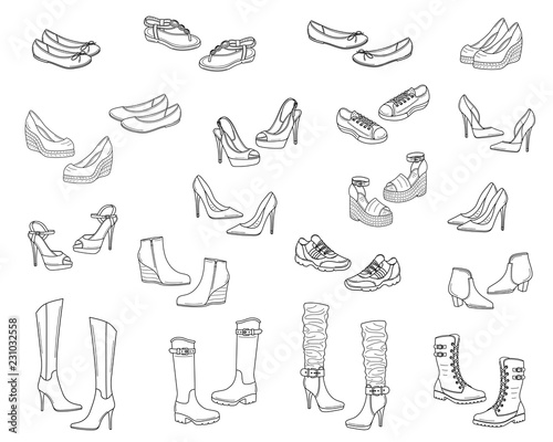 Women shoes collection, vector sketch illustration