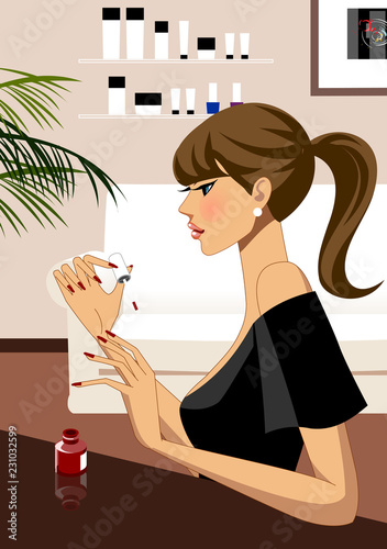 Side view of Young woman applying nail polish