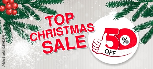 Vector christmas sale banner. Illustration for use website, brochure, flyer, poster and banner. Business background with 50  discount, best choice sybmol (hand), sparkler and tree branches.