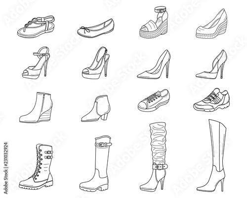 Women shoes collection, vector sketch illustration