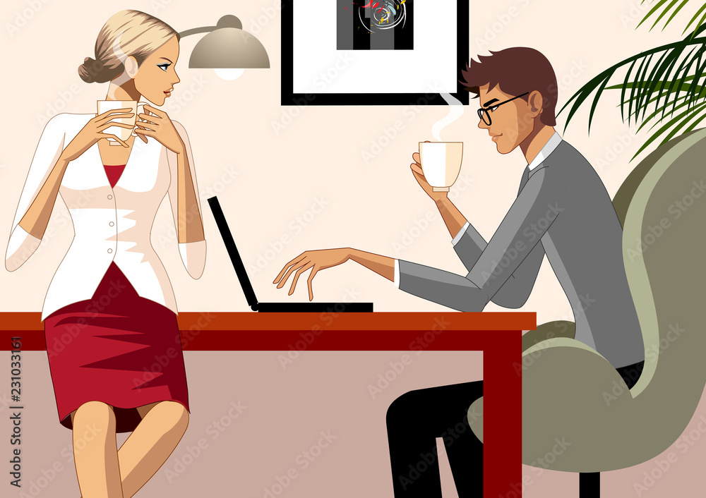 Businesswoman and Businessman Using Laptop, having coffee Businesswoman and Businessman Using Laptop, having coffee