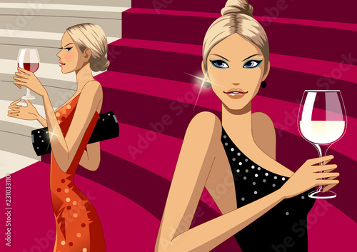 Close-up of women holding wine glass on stairs