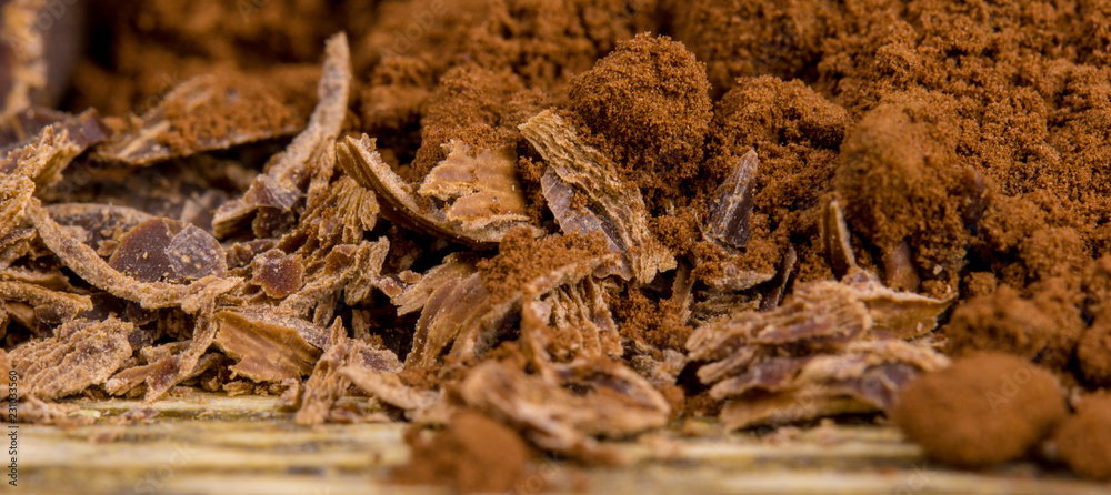Close-up of cocoa and chocolate Close-up of cocoa and chocolate