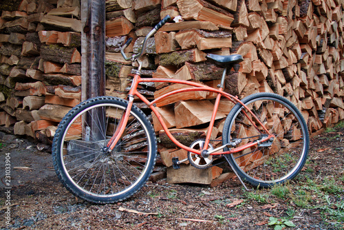 Orange bicycle leaning against a large pile of cut wood