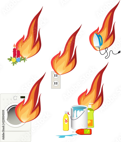 Fire hazards in a house, set of EPS 8 vector icons