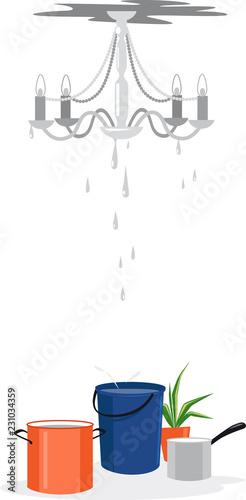 Water coming down from a leak in the ceiling, dripping from a chandelier to pots and a bucket, EPS 8 vector illustration