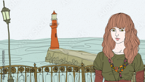 Portrait of young woman standing by railing, light house in background