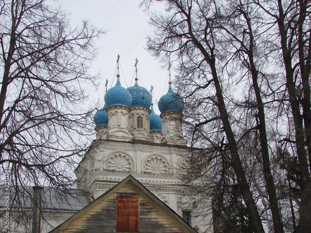 Russia, Moscow region, village Zelenaya Sloboda, temple with blue domes