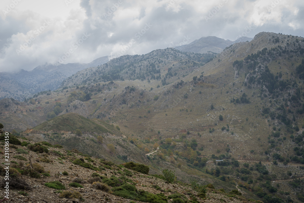Hania, Crete - 09 26 2018: Mountain landscape Therisso. Panoramic view on hills and mountains